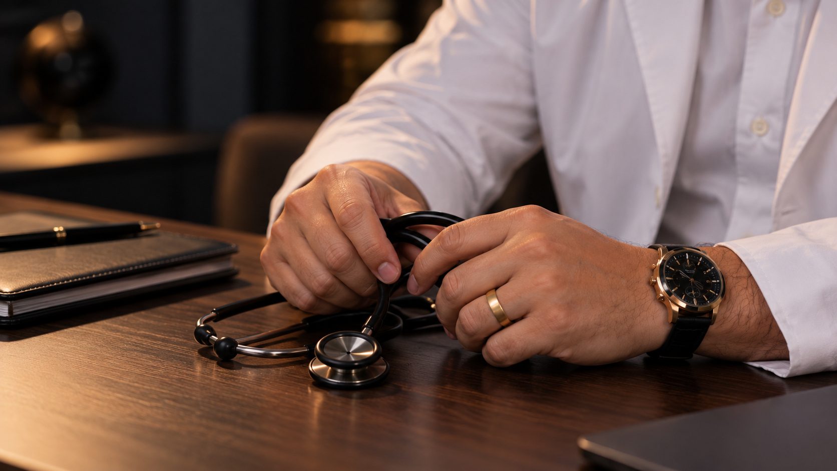 Mãos do médico segurando um estetoscópio
