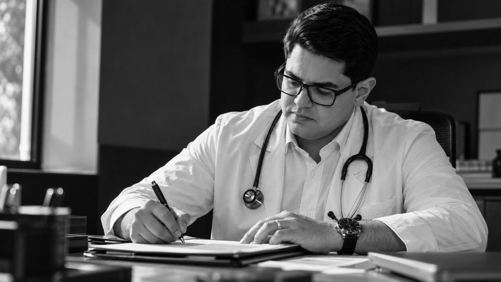 Dr. Juan escrevendo no prontuário