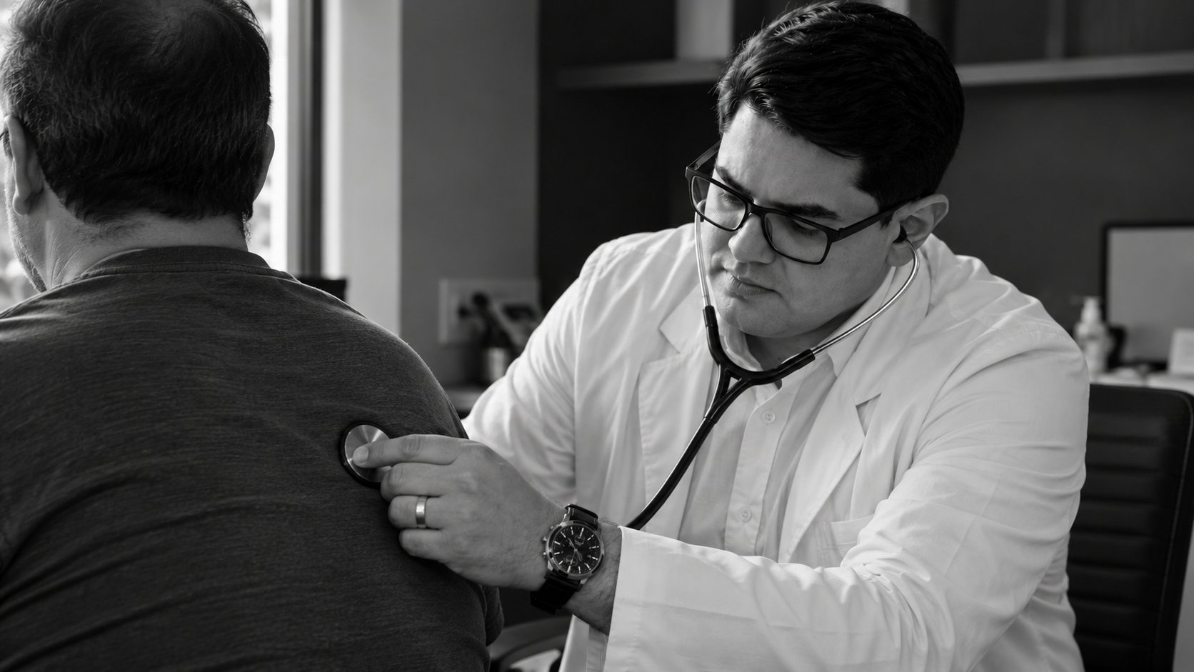 Dr. Juan auscultando um paciente