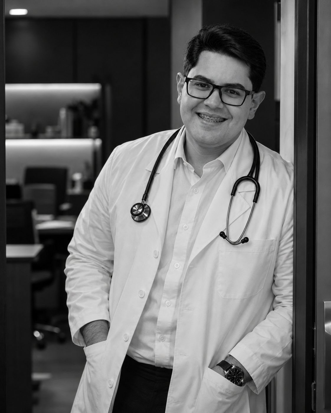 Dr. Juan na porta do consultório
